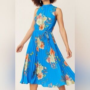 Oasis Botanical Midi Dress - Halter and Pleated Skirt Blue